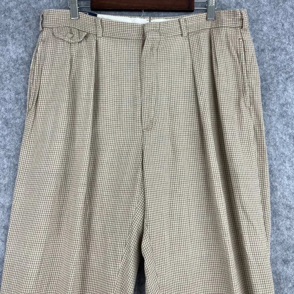 VTG Polo Ralph Lauren Pants Mens‎ 35x27 Beige Houndstooth Cuffed Pleated 80s USA